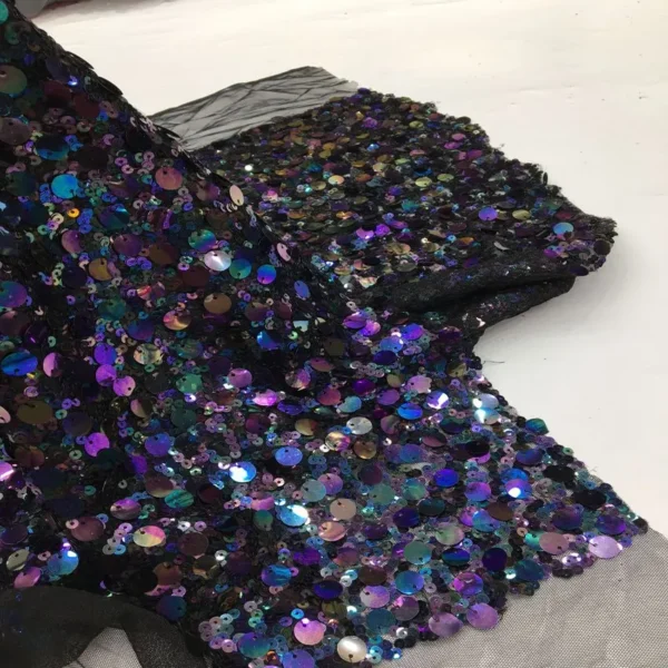 Black Base Big Sequin Fabric with Iridescent Purple and Blue Shine