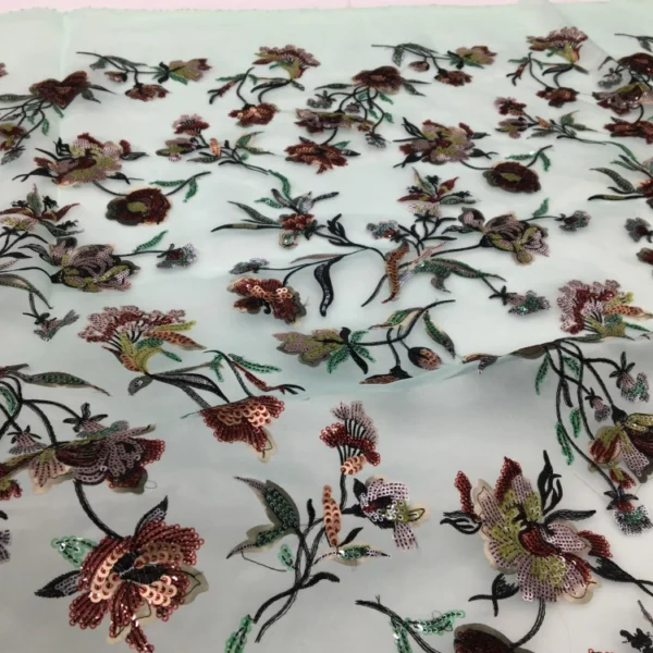 Mint Green Multi-color Sequin Embroidery Fabric with Floral Design