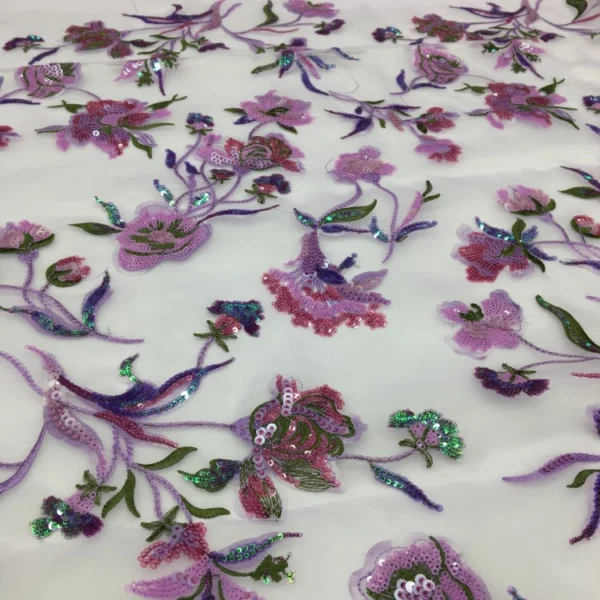 White Base Multi-color Sequin Floral Embroidery Fabric